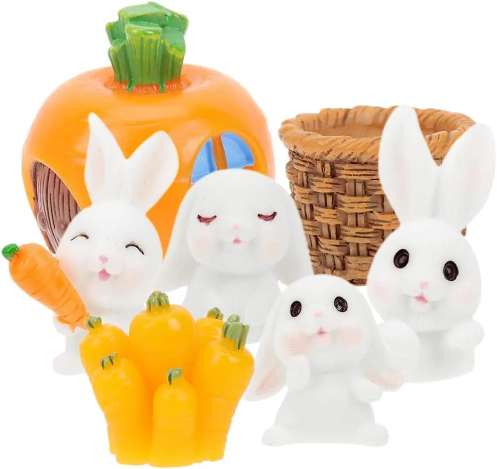 1 Set Carrot Rabbit Ornament Bunny Figurines Terrarium Craft Farmhouse Table Centerpiece Birthday Cake Ornament Gardening Micro Decorations Car Decor Car Toys Mini Gift Resin Child