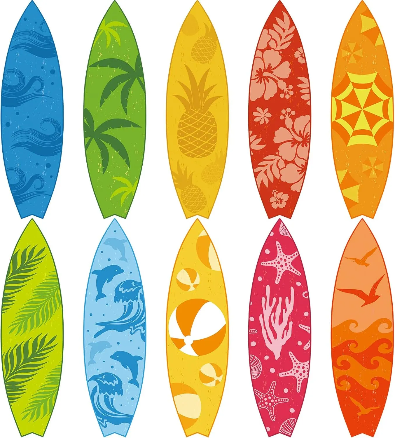 10 Pcs 28 x 8. 1 Inch Surfboard Wall Decor Large Surf Board Cutouts Summer Pool Cardboard Sign Tropical Beach Hawaiian Party Decoration Classroom Bulletin Board, 10 Styles