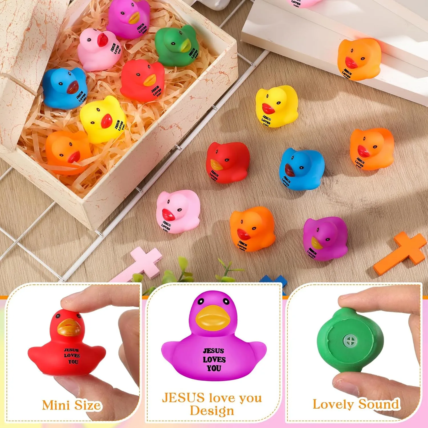 100 Pcs Little Jesus Rubber Ducks Figures in Bulk Mini Jesus Figures to Hide Rubber Duckies Tiny Toys Religious Bible Verse Bath Toy Gifts for Church Events (Jesus Loves You)
