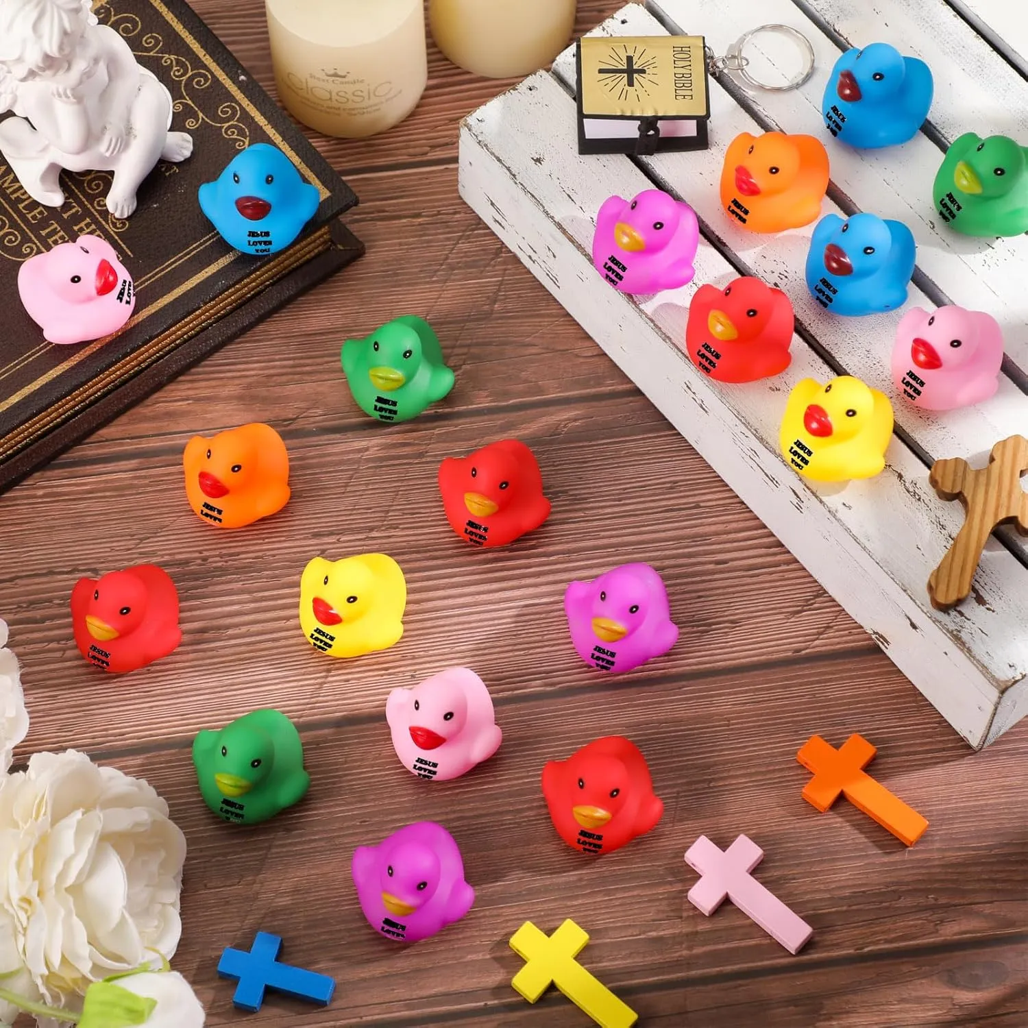 100 Pcs Little Jesus Rubber Ducks Figures in Bulk Mini Jesus Figures to Hide Rubber Duckies Tiny Toys Religious Bible Verse Bath Toy Gifts for Church Events (Jesus Loves You)