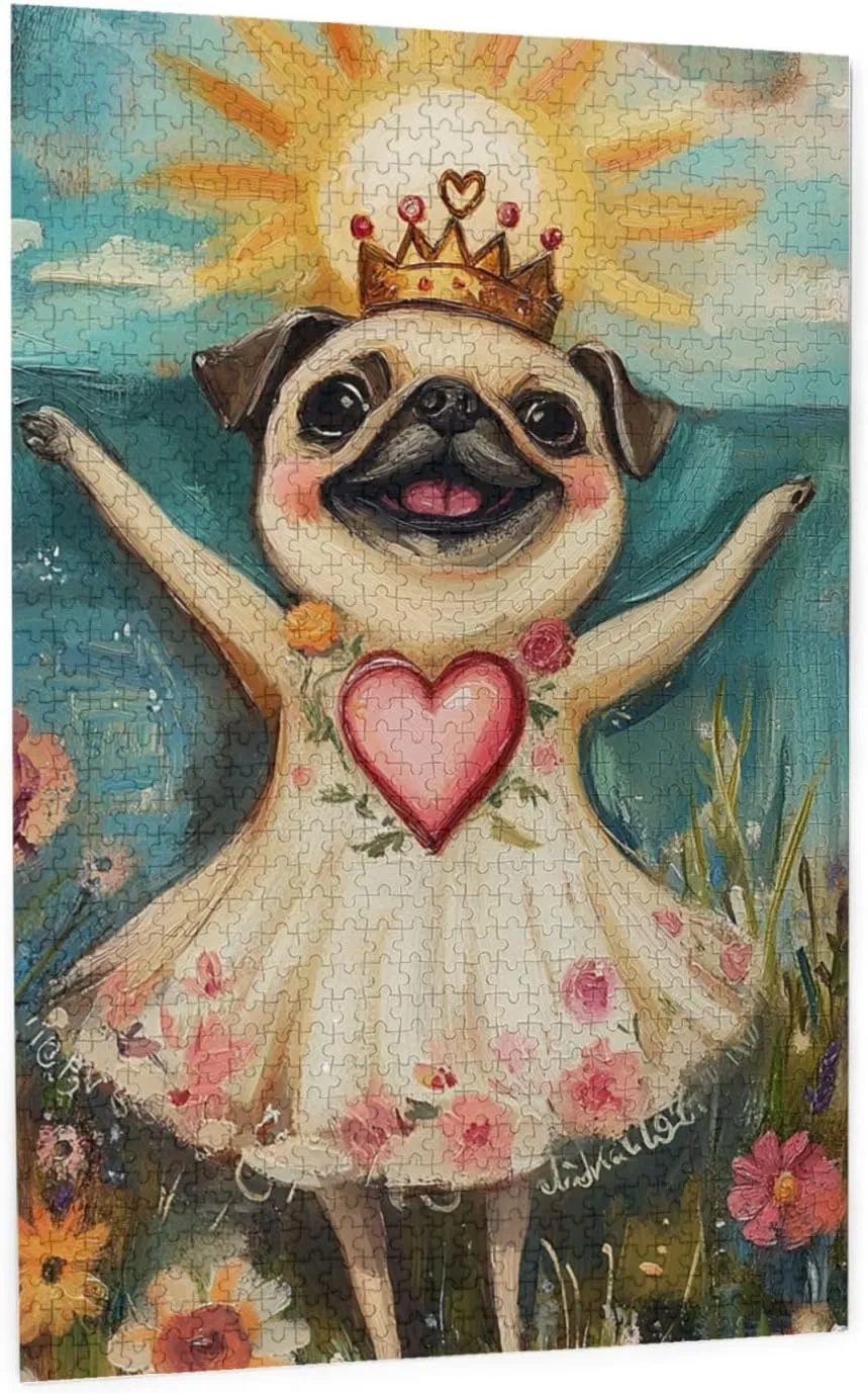 1000 pcs of Adult Wooden Jigsaw Puzzle,Cute and Interesting,The Cheerful Little Dog and The Heart on The Sunny Grassland,an Ideal Choice for Exercising brainpower and Hands-on Ability