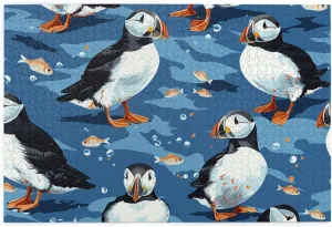 1000 Piece Wooden Jigsaw Puzzle for Adults - Cute Puffins and Small Fish Birds Ocean Blue Puzzle, Impossible Challenging Difficult Puzzles,