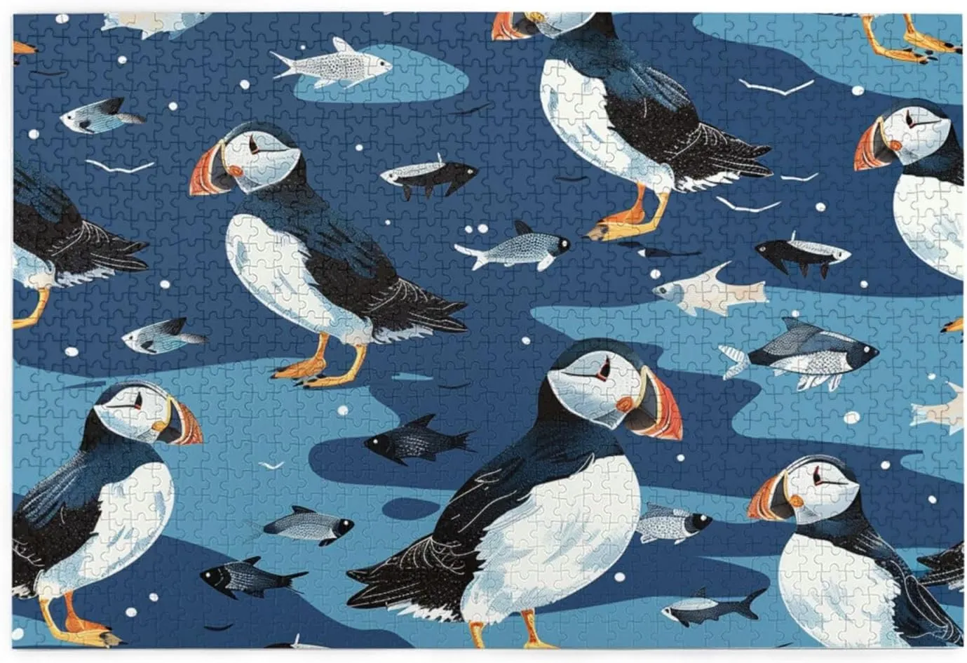 1000 Piece Wooden Jigsaw Puzzle for Adults - Cute Puffins and Small Fish Ocean Birds Blue Puzzle, Impossible Challenging Difficult Puzzles,