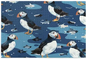1000 Piece Wooden Jigsaw Puzzle for Adults - Cute Puffins and Small Fish Ocean Birds Blue Puzzle, Impossible Challenging Difficult Puzzles,
