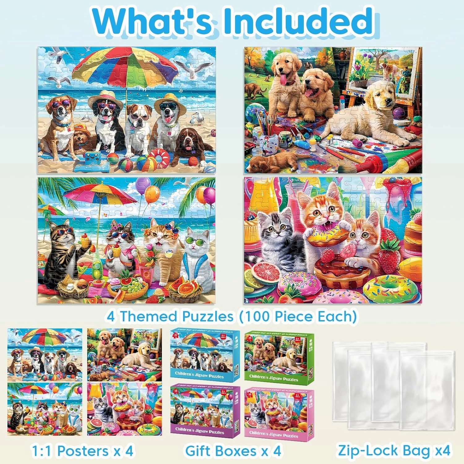 100 Piece Puzzles for Kids Ages 4-6 - Cats & Dogs Party Jigsaw Puzzles - Cute Puzzles for Kids Ages 8-10 Kids Puzzles Ages 5-8 Educational Search & Find Toy Preschool Puzzles 4-Pack 15"x11"