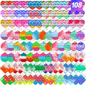 108 PCS Mini Pop Keychain Fidget Toys, 3 Shape Pop Fidgets Party Favors Kids Packs Sensory Stress Toys, Push Mini Pop Keychain Bulk