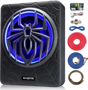 10" 1000W Slim Under Seat Powered Car Subwoofer, Car/Truck Audio Sub Built in Amplifier amp Combo, with Blue LED Light (Subwoofer   Mounting Wire Kit)