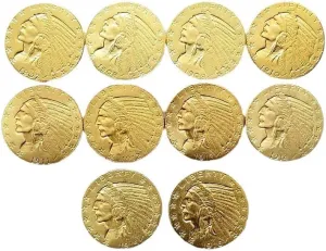 10pcs 1907-1926 Indian Head Eagle Gold Coin Replica 5 Cent Gold Morgan Coin for Collector
