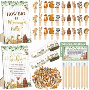 114 Pcs Woodland Baby Shower Games Supplies Include Measure Mommy's Belly Sign Don't Say Baby Sign 50 Clothespins 2 Tummy Measure Rolls 10 Pencils Baby Shower Decor Party Favors Supplies