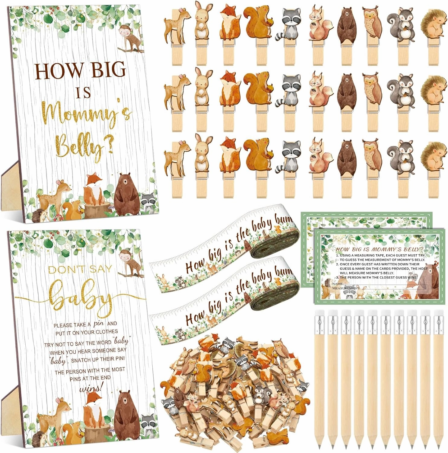 114 Pcs Woodland Baby Shower Games Supplies Include Measure Mommy's Belly Sign Don't Say Baby Sign 50 Clothespins 2 Tummy Measure Rolls 10 Pencils Baby Shower Decor Party Favors Supplies