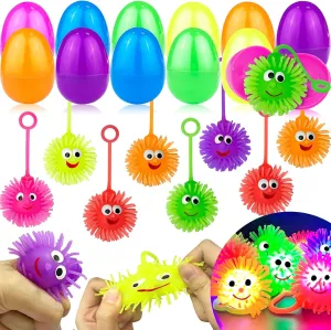 12 Pack Prefilled Easter Eggs with Fidget Toys Light Up Puffer Balls Squeeze Sensory Stress Relief Toys Plastic Surprise Easter Hunt Fillers Basket Essential Stuffers Kids Boys Girls Party Favors