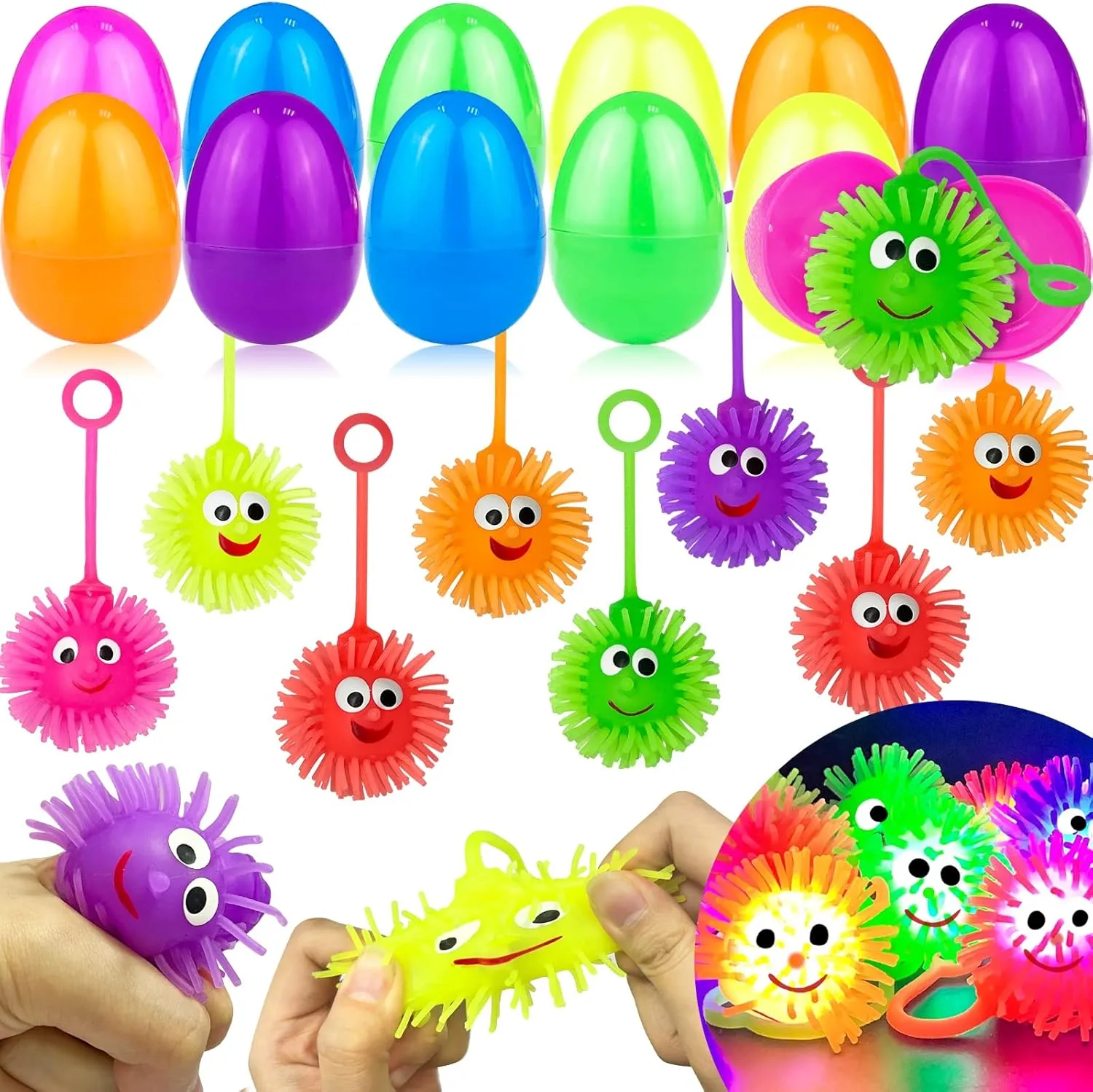 12 Pack Prefilled Easter Eggs with Fidget Toys Light Up Puffer Balls Squeeze Sensory Stress Relief Toys Plastic Surprise Easter Hunt Fillers Basket Essential Stuffers Kids Boys Girls Party Favors