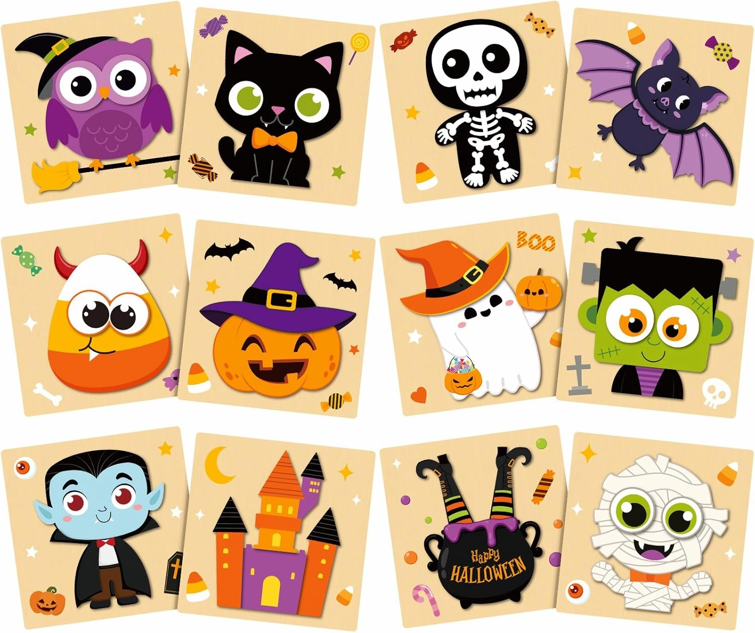 12 Pack Halloween Wooden Puzzles Wood Jigsaw for Toddlers 1-3 Montessori Preschool Learning Games Educational Toys for Boys Girls Kids Classroom Exchange Gifts Halloween Party Favors