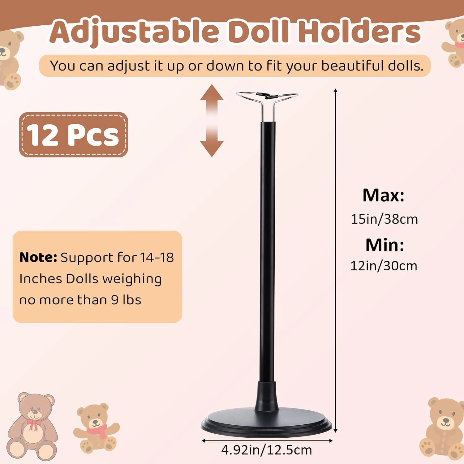 12 Pcs Adjustable Doll Stand Display Holder for 14 to 18 Inches Action Figure Stands with Expandable Waist Wire Bracket Support Dolls Display Rack for Home Shop Birthday Party(Black)