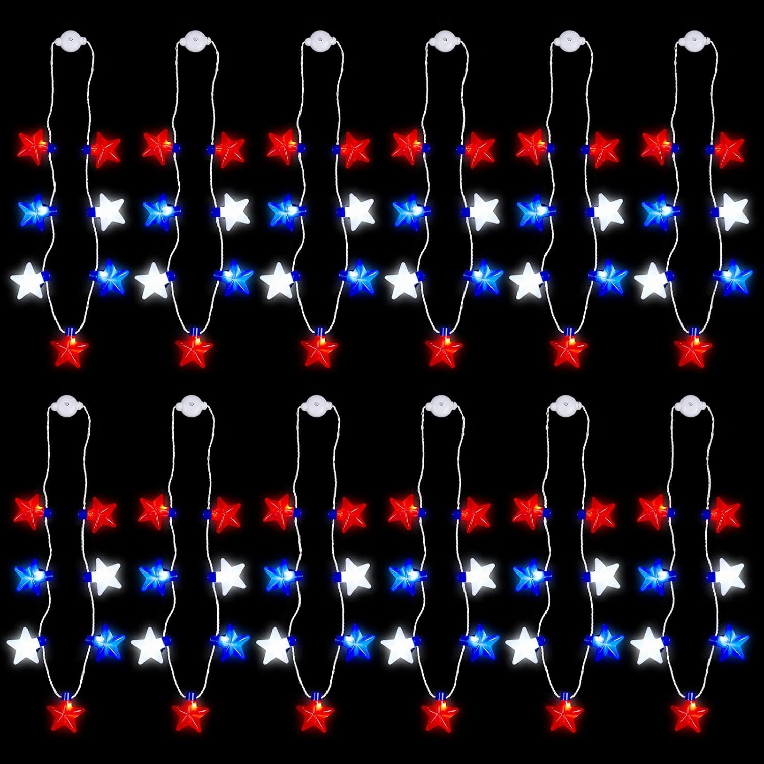 12 Pcs LED 4th of July Necklace Patriotic Necklaces with 6 Lighting Modes Red Blue White Star Bulbs LED Necklace Fourth of July Party Favors for Independence Day Party Celebrations Parade Accessories