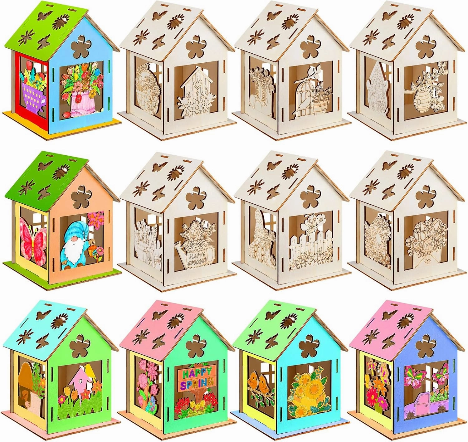 12 Sets Spring House Craft Kit to Paint DIY Birdhouse Kit Painting Puzzle Spring Wooden Houses Village Scene Festival Wood Craft House Decors for Table Centerpieces Home