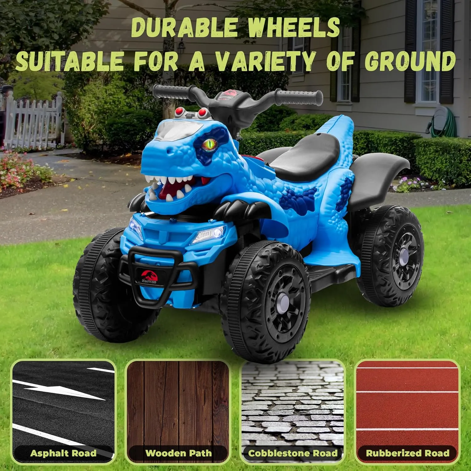 12V ATV Electric Ride on Car, Dinosaur Battery Electric Car for Kids with Music, Cool Light, Microphone Interface Kids Ride On Toy Velociraptor Blue