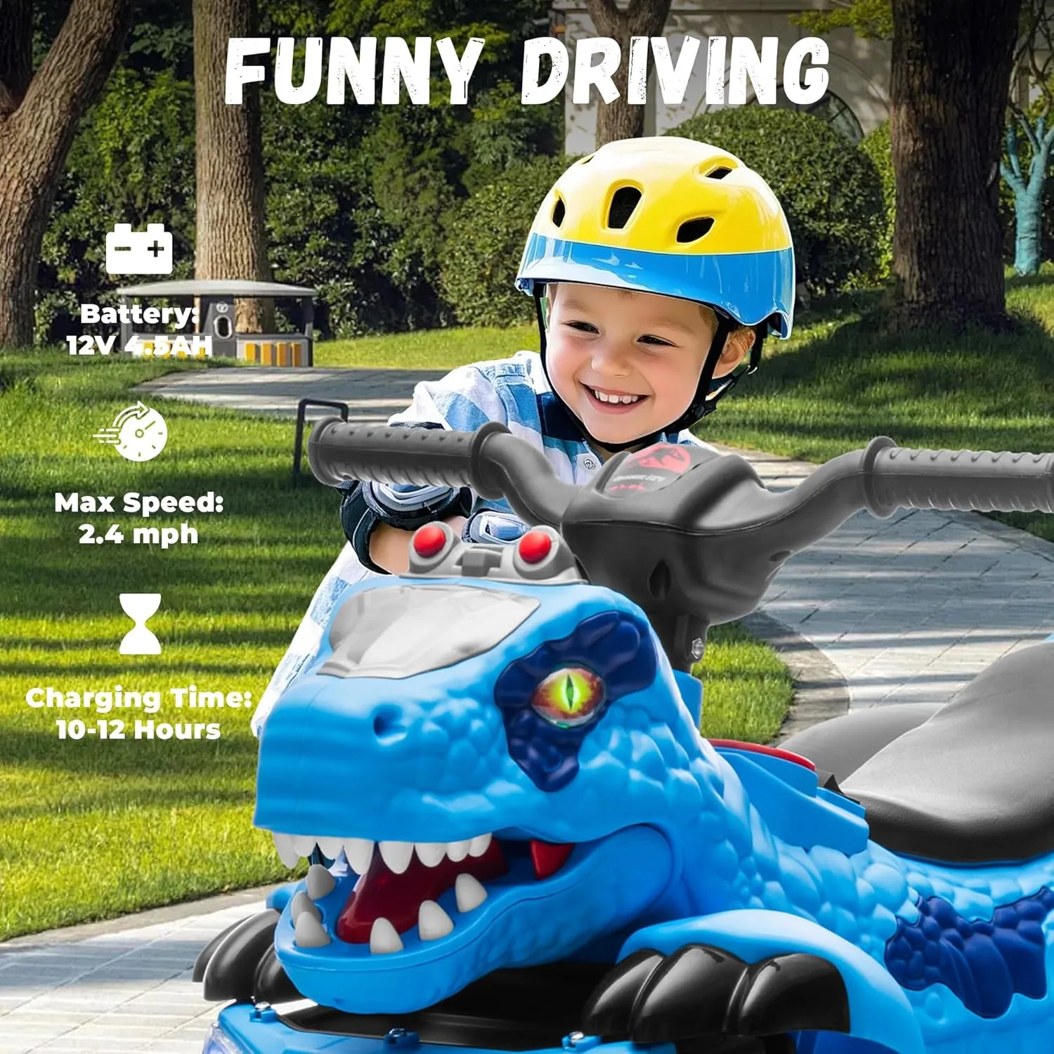 12V ATV Electric Ride on Car, Dinosaur Battery Electric Car for Kids with Music, Cool Light, Microphone Interface Kids Ride On Toy Velociraptor Blue