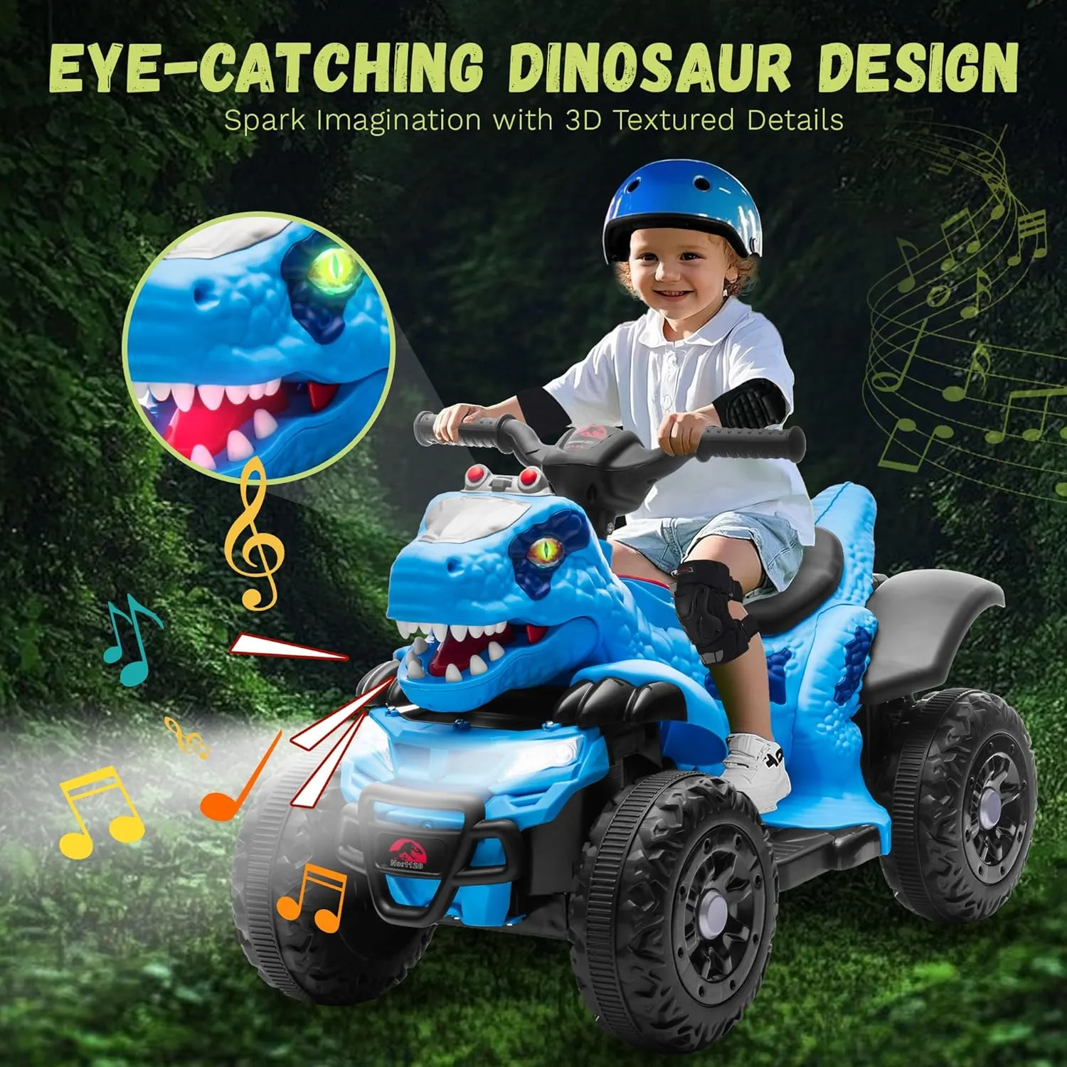12V ATV Electric Ride on Car, Dinosaur Battery Electric Car for Kids with Music, Cool Light, Microphone Interface Kids Ride On Toy Velociraptor Blue
