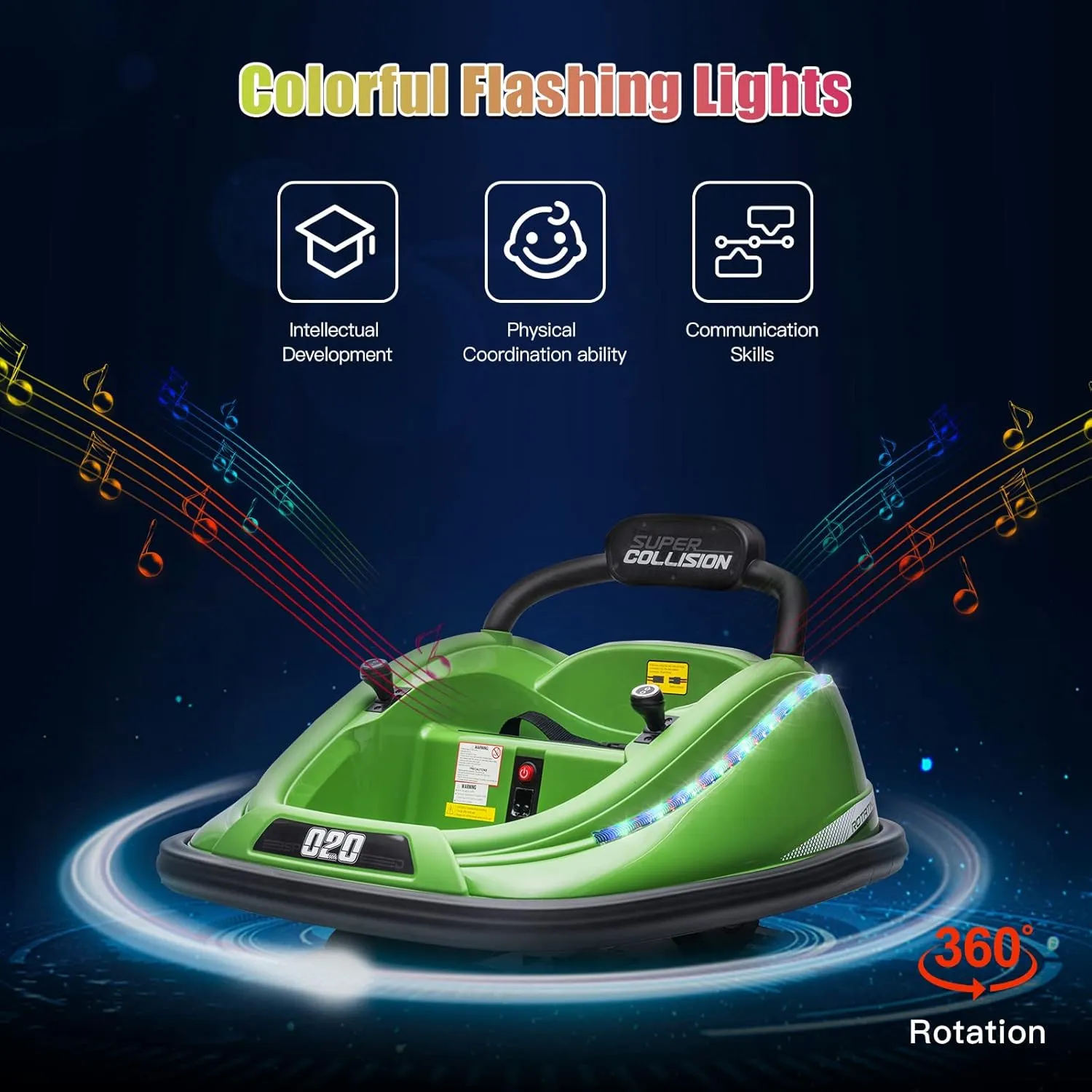 12V Kids Electric Bumper Car, Toddler Bumper Cars with Parent Remote Control, Ages 1.5-8 Years Old, Safety Belt, 360 Degree Rotation Ride-on Toy Car, 2-Speed, Music, LED Lights(Green)