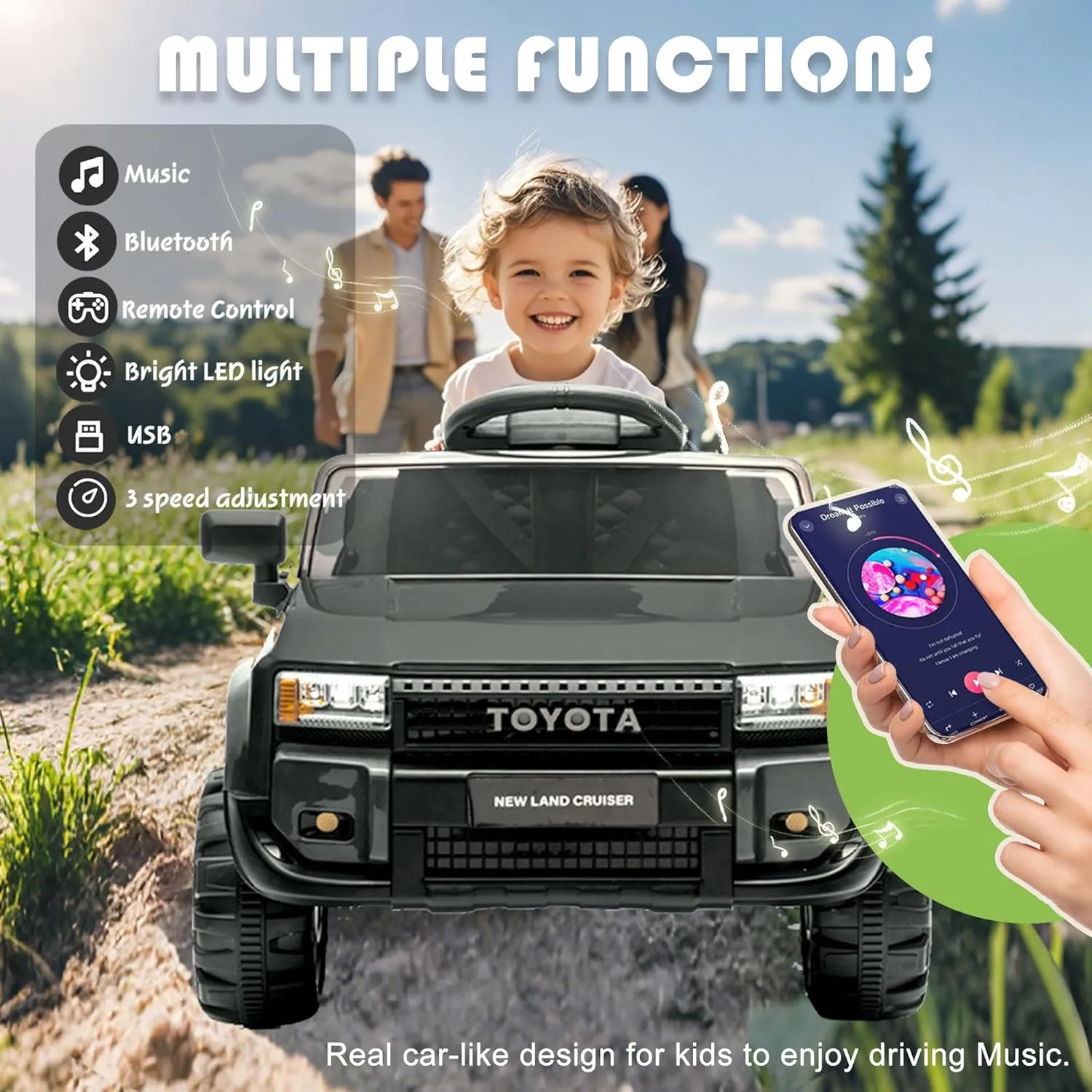 12V Kids Ride On Truck Car, Electric Car Toy with Four-Wheel Suspension, 12 Volt Battery Powered Cars for Children, Parent Remote Control, LED Lights, Bluetooth, Music, 2.49MPH Max Speed-Black
