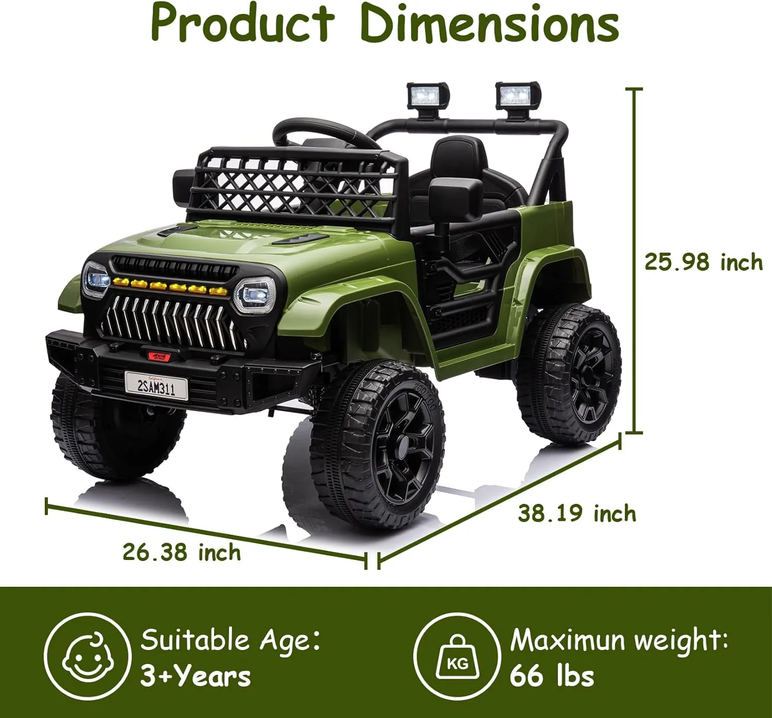 12V Kids Ride On Truck Electric Vehicle Battery Powered Car Toddlers Ride On Toy for Boys Girls with Remote Control, 4-Wheel Suspension, Battery Display, LED Lights, Music, Army Green