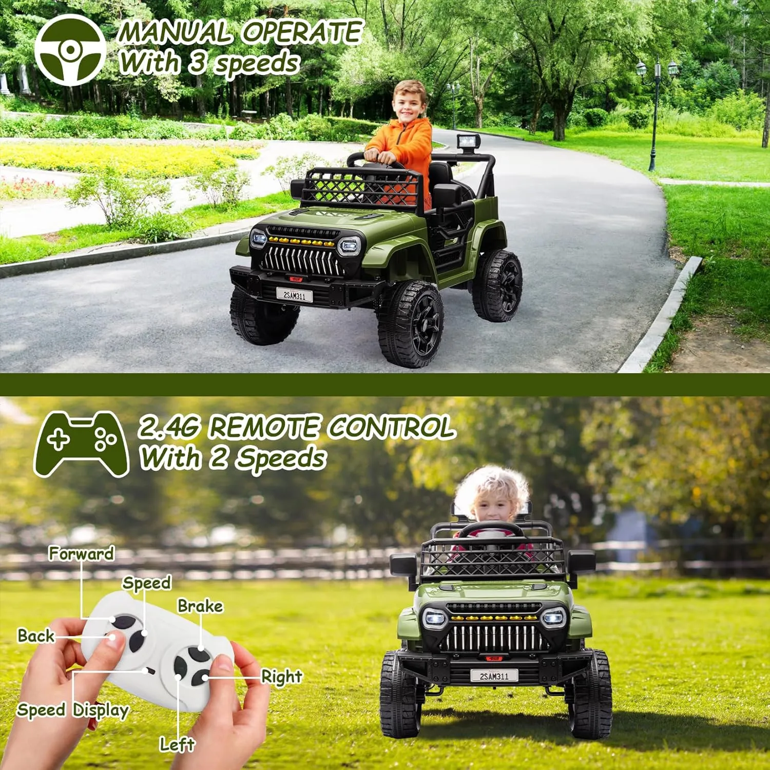 12V Kids Ride On Truck Electric Vehicle Battery Powered Car Toddlers Ride On Toy for Boys Girls with Remote Control, 4-Wheel Suspension, Battery Display, LED Lights, Music, Army Green