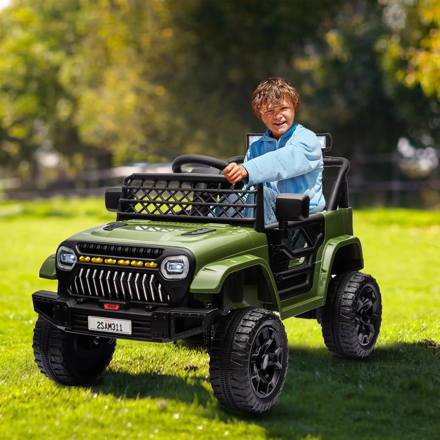 12V Kids Ride On Truck Electric Vehicle Battery Powered Car Toddlers Ride On Toy for Boys Girls with Remote Control, 4-Wheel Suspension, Battery Display, LED Lights, Music, Army Green