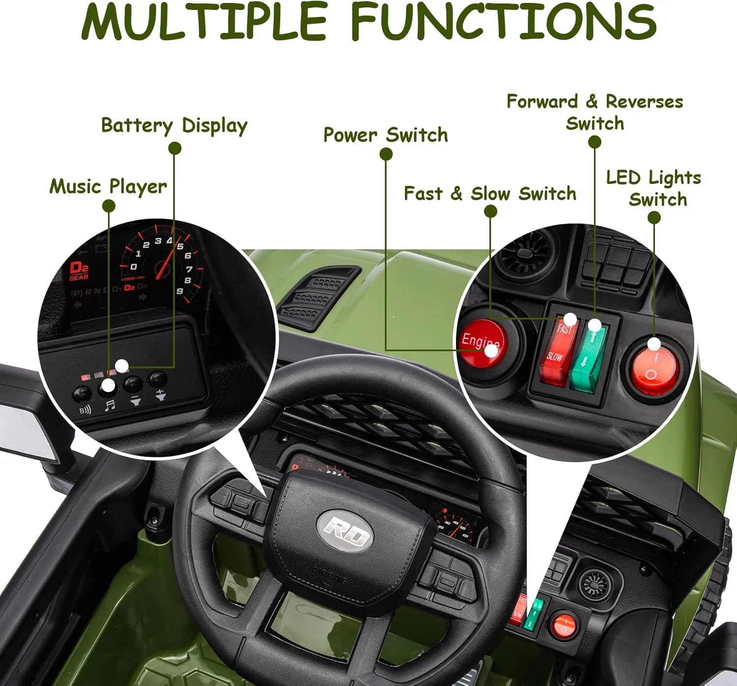 12V Kids Ride On Truck Electric Vehicle Battery Powered Car Toddlers Ride On Toy for Boys Girls with Remote Control, 4-Wheel Suspension, Battery Display, LED Lights, Music, Army Green