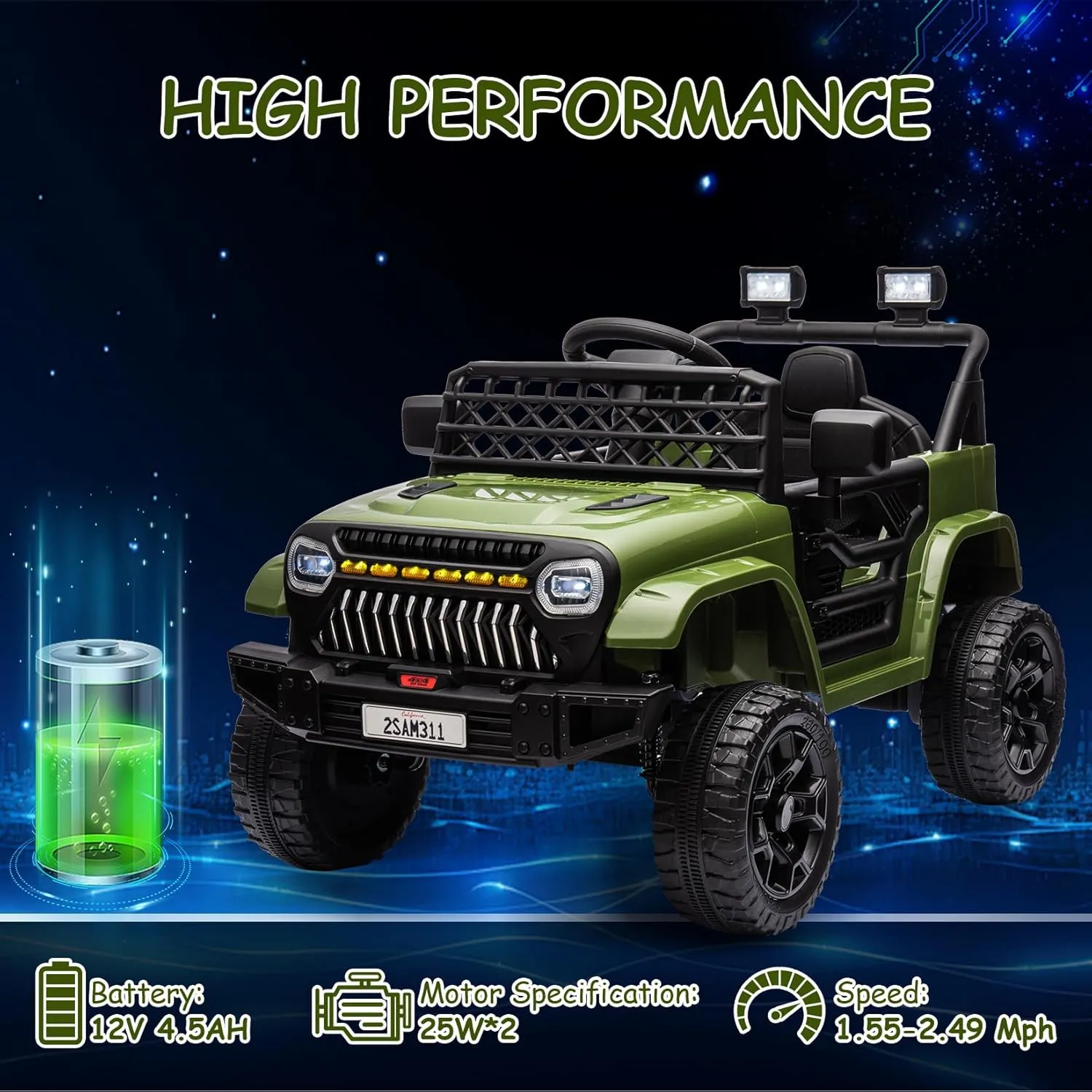 12V Kids Ride On Truck Electric Vehicle Battery Powered Car Toddlers Ride On Toy for Boys Girls with Remote Control, 4-Wheel Suspension, Battery Display, LED Lights, Music, Army Green