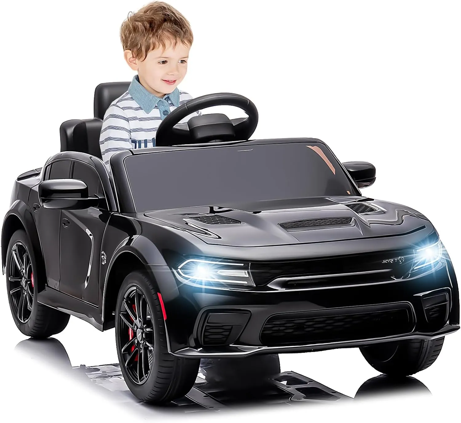 12V Licensed Dodge Charger SRT Hellcat Kids Electric Ride On Car,Battery Powered 4-Wheels Ride on Toy,with Parental Remote Control,Real Head&Tail Lights,Bluetooth Music,Safety Belt (Black)