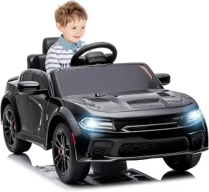 12V Licensed Dodge Charger SRT Hellcat Kids Electric Ride On Car,Battery Powered 4-Wheels Ride on Toy,with Parental Remote Control,Real Head&Tail Lights,Bluetooth Music,Safety Belt (Black)