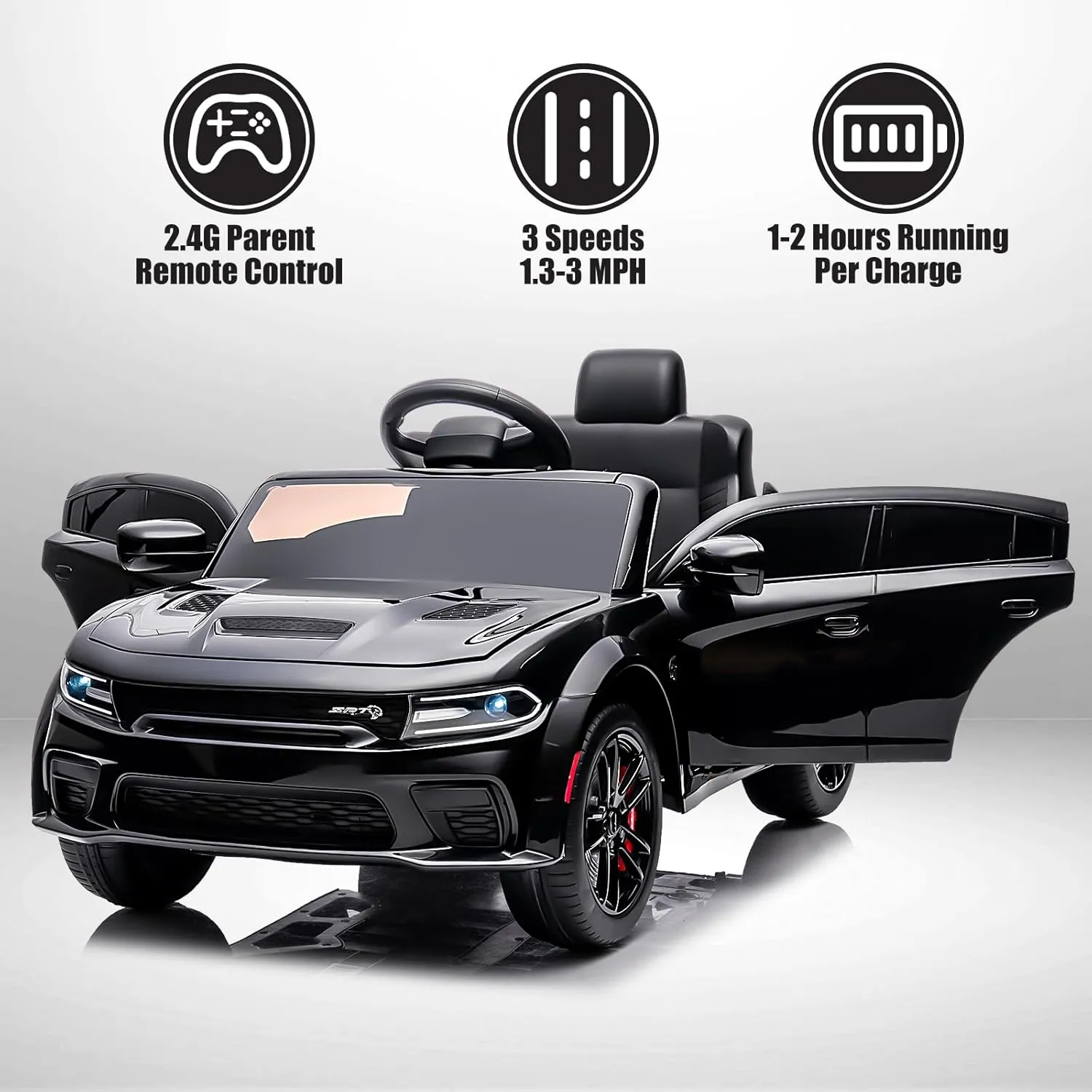 12V Licensed Dodge Charger SRT Hellcat Kids Electric Ride On Car,Battery Powered 4-Wheels Ride on Toy,with Parental Remote Control,Real Head&Tail Lights,Bluetooth Music,Safety Belt (Black)