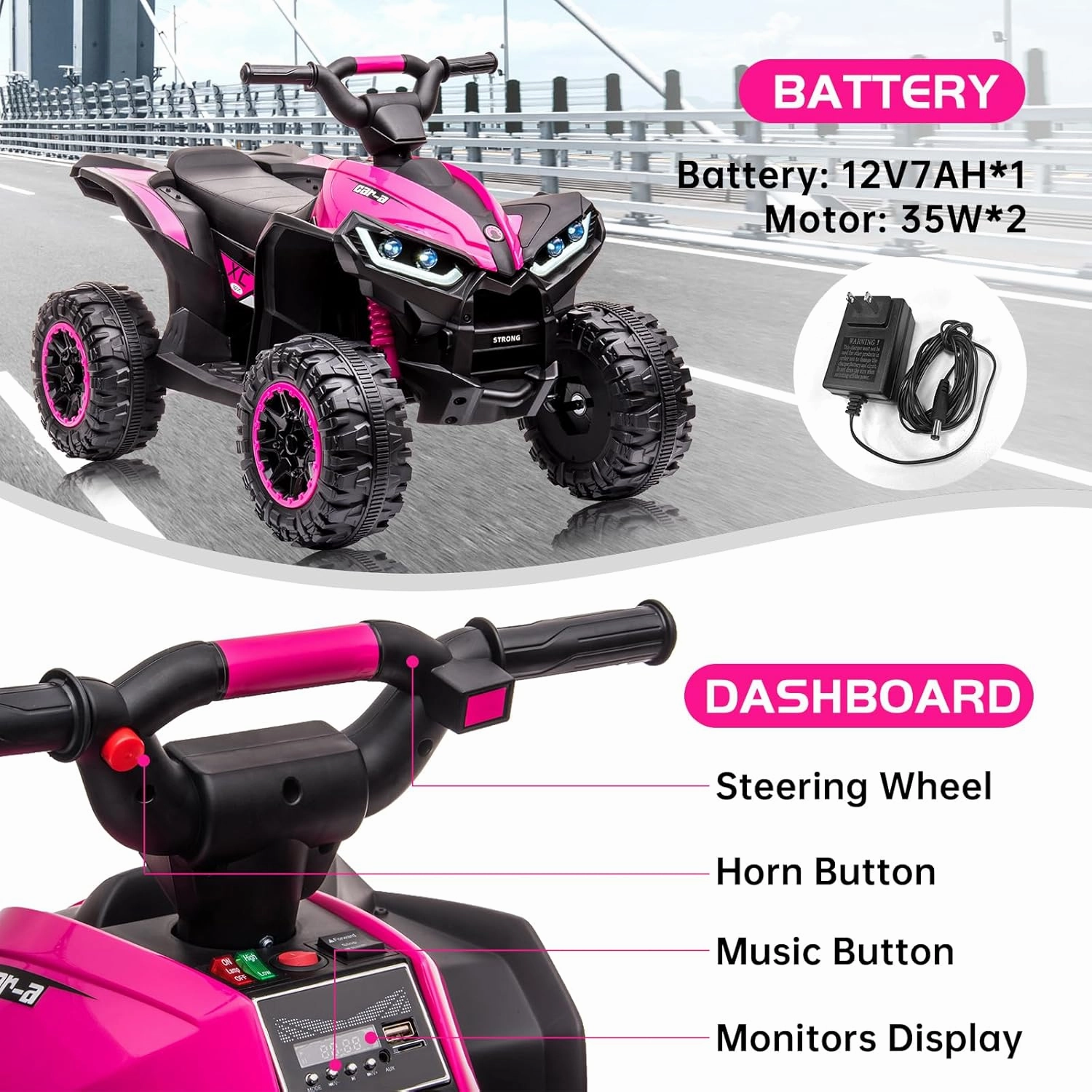 12V 7Ah Kids Electric Ride on Car, Battery Powered 4-Wheels Toy Car Electric Vehicle for Kids, 35W*2, Ride On Toys Car, Gift for Boys Girls