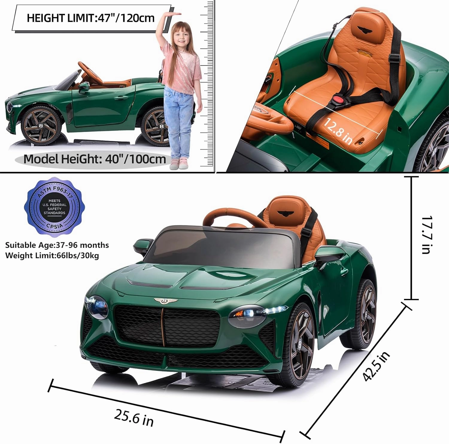 12V Kids Electric Ride on Cars Toys Vehicles for Toddlers 1-3 with Remote Control, Licensed Bentley Car for Kids, Power Wheels for Boys Girls to Drive w/Bluetooth/MP3/Light/3 Speeds(Green)