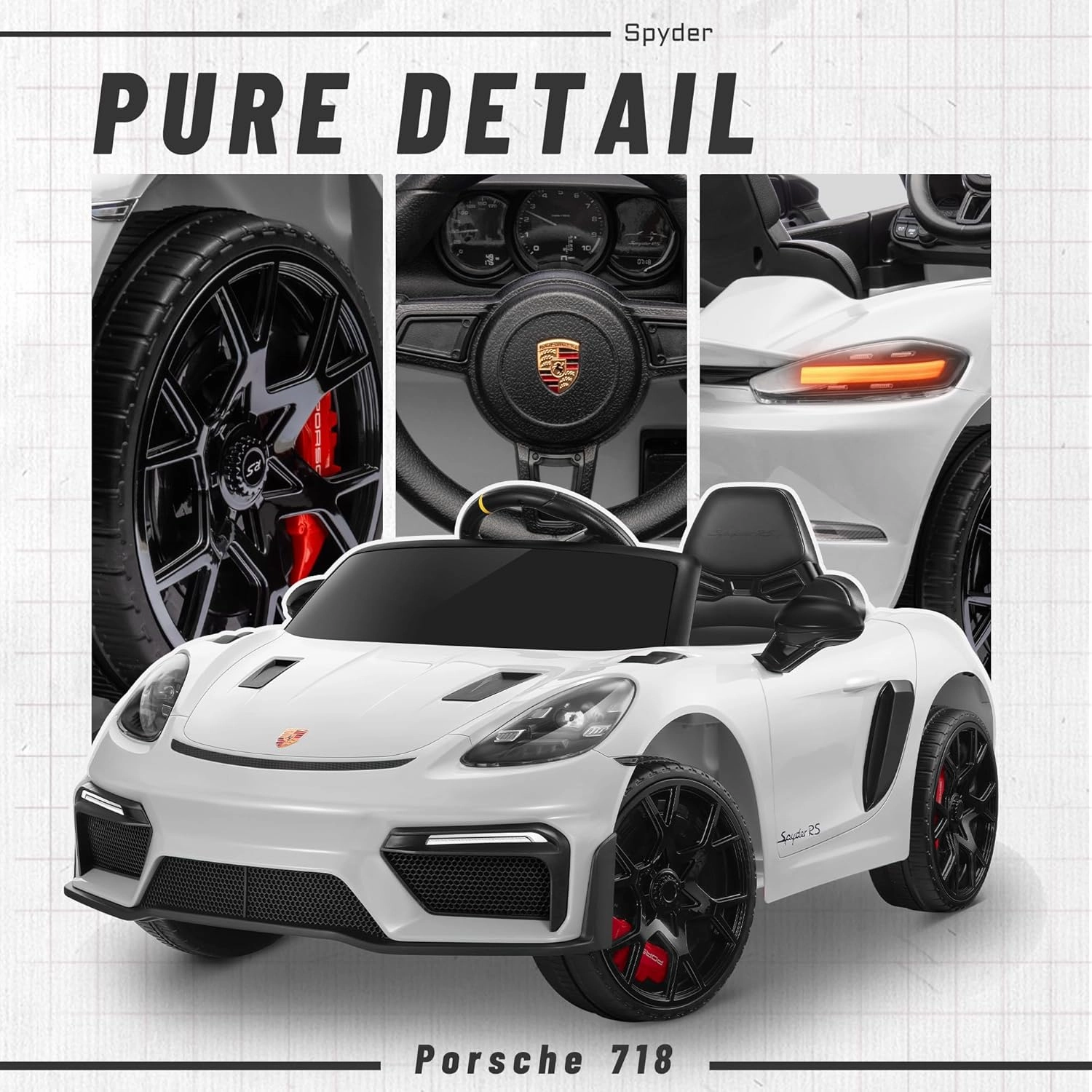 12V Ride on Car for Kids, Licensed Porsche 718 Spyder Battery Powered Ride on Toy, Child Electric Car w/Music, USB, MP3, Bluetooth, 3 Speeds, Wheels Suspension, Led Lights (White)