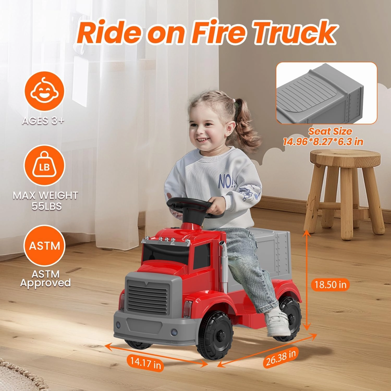 12V Ride on Fire Truck, Electric Car for Toddlers 3-5, Kids Power Wheel with Sound Effects & Music, Toddler Battery Powered Ride on Toys with Headlights and 2 Powerful Motors, Red Large