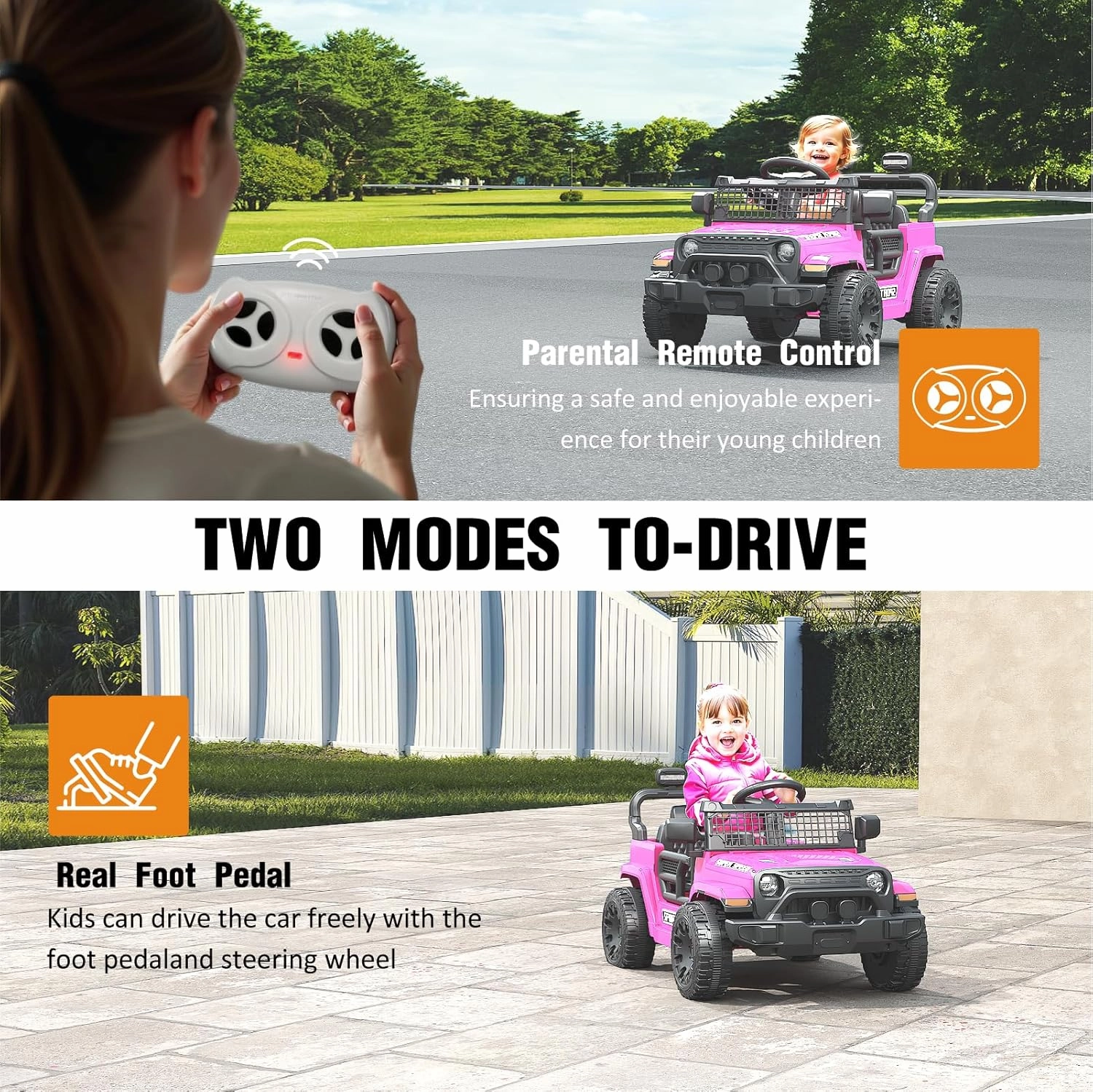 12V Ride on Truck Car with Parent Remote Control, Electric Toys with Spring Suspension, LED Lights & Music Player - Safe Toddler Battery Car for Kids, Easy to Assemble, Pink
