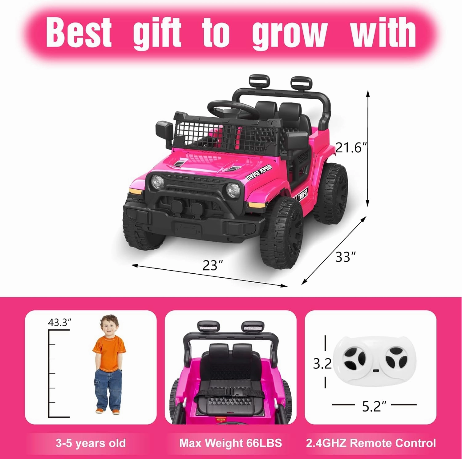 12V Ride on Truck Car with Parent Remote Control, Electric Toys with Spring Suspension, LED Lights & Music Player - Safe Toddler Battery Car for Kids, Easy to Assemble, Pink