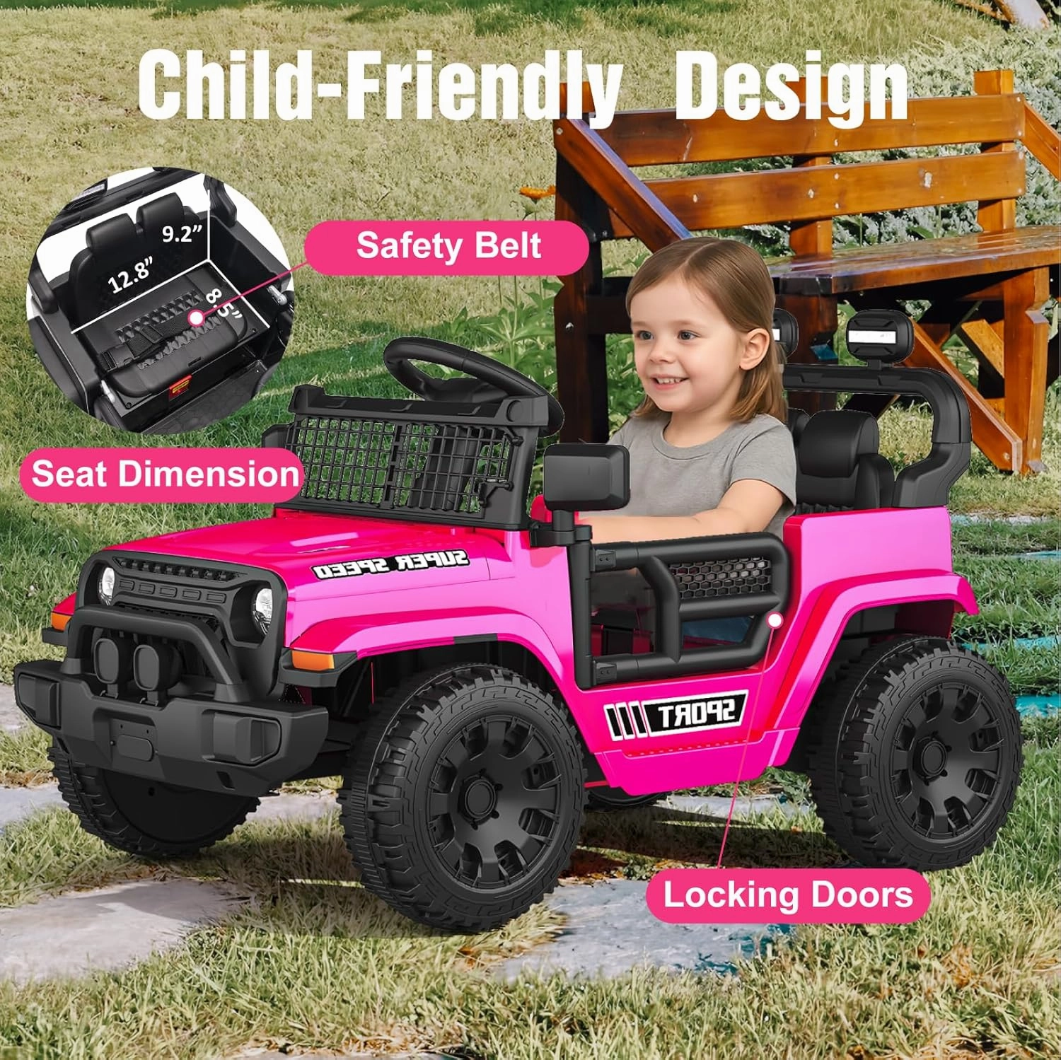 12V Ride on Truck Car with Parent Remote Control, Electric Toys with Spring Suspension, LED Lights & Music Player - Safe Toddler Battery Car for Kids, Easy to Assemble, Pink