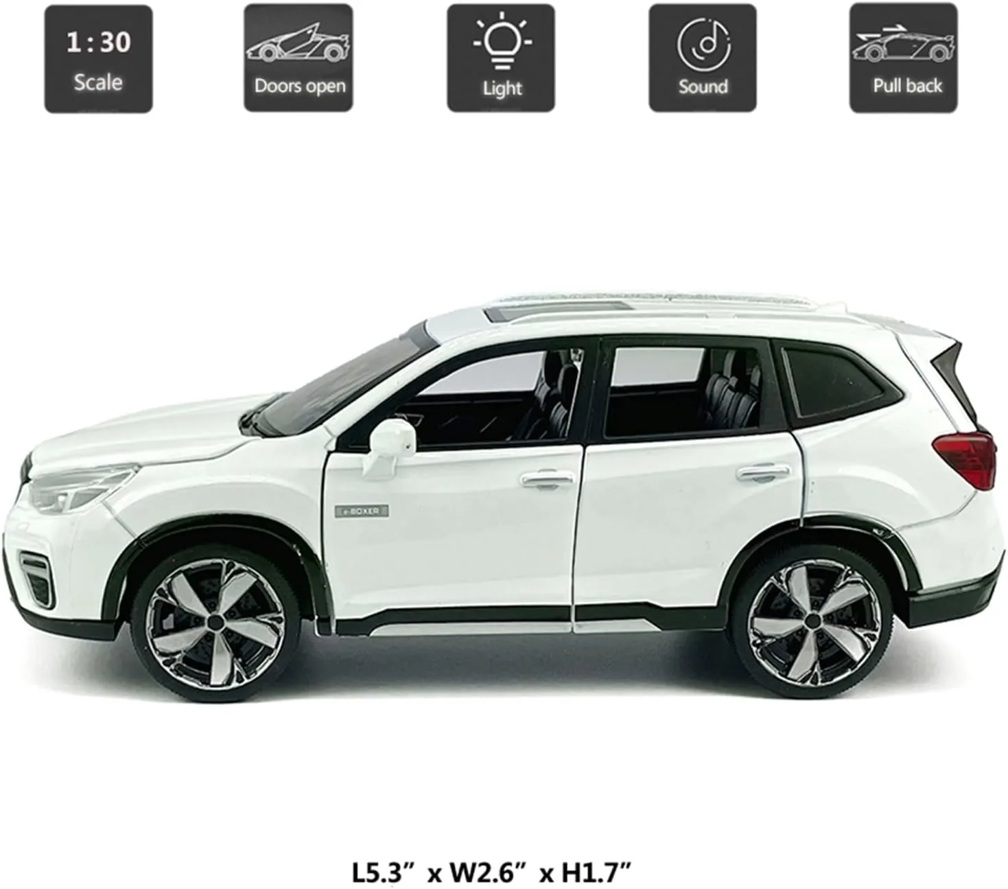 1:30 Scale 2021 Subaru Forester e-Boxer SUV Model Toy Car Metal Diecast Toy Vehicle, Doors Open, Light Sound, Pull Back, Toys for Boys Kids Gifts, Men Collection, Home Office Décor, White