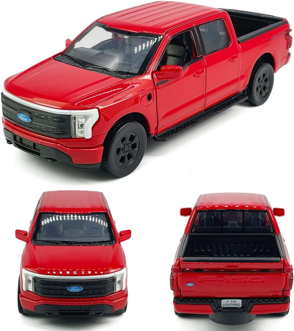 1:36 Scale 2022 F-150 EV Lightning Platinum Pickup Truck Model Toy Car Metal Diecast Toy Vehicle, Doors Open, Light Sound, Pull Back, Toys for Boys Kids Gifts, Men Collection, Home Office Décor, red