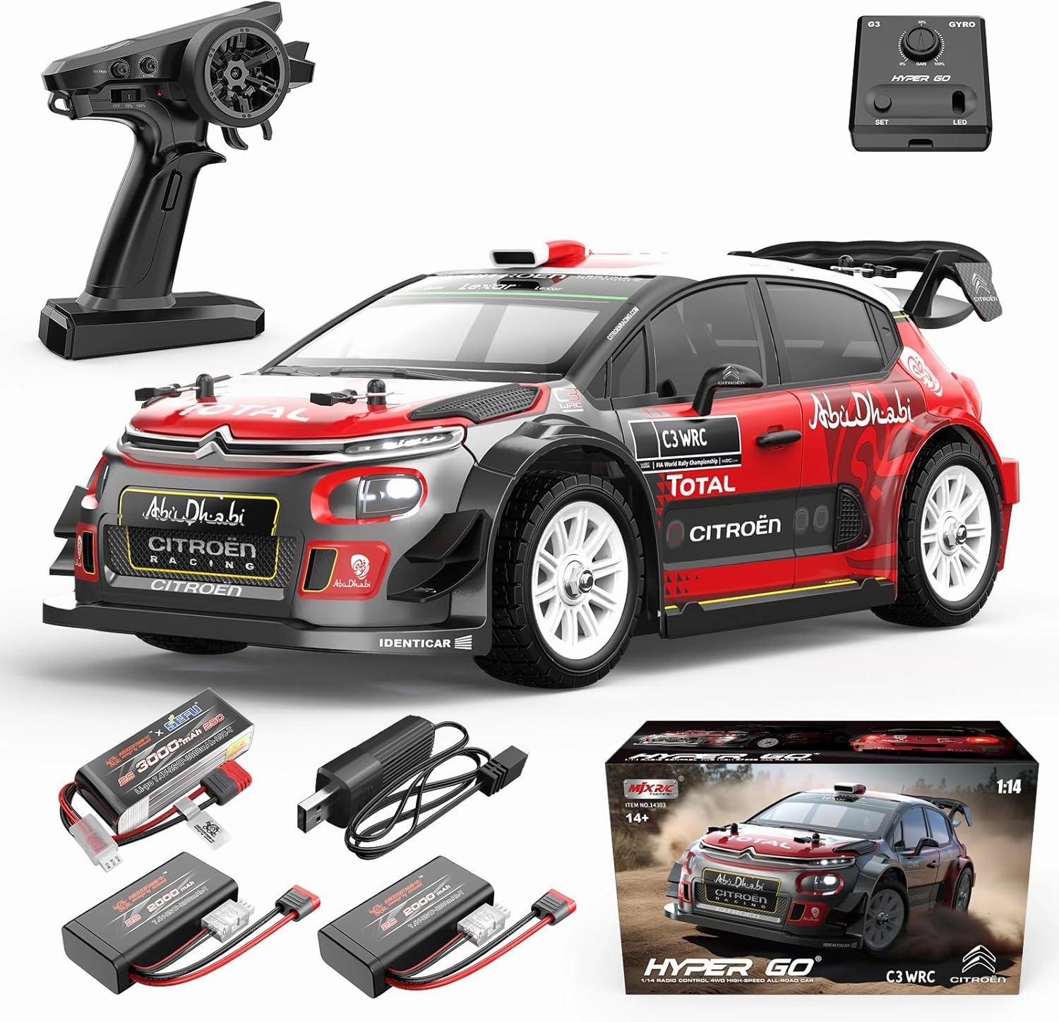 14303 1/14 Citroen C3 Fast RC Cars for Adults, Max 38 mph Brushless RC Car Drift with Gyro (3X 2S Battery Included)