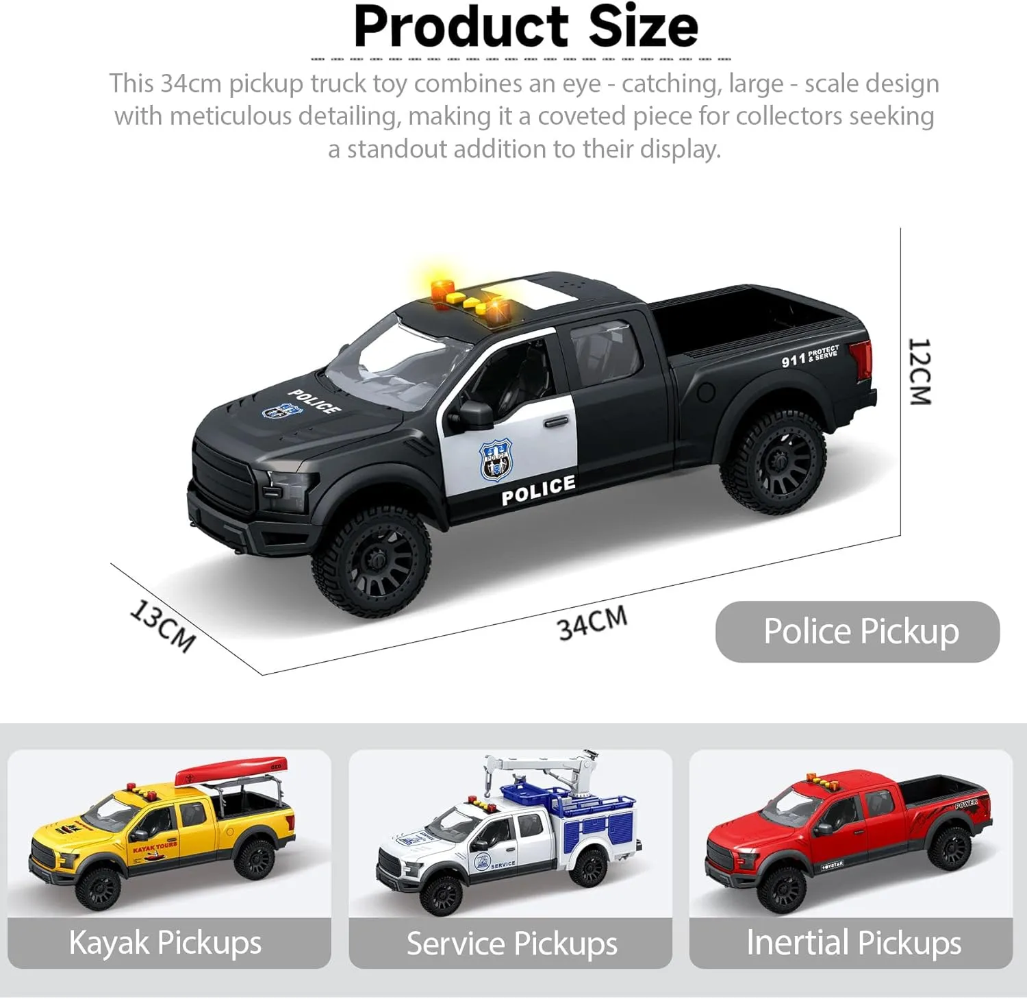 16" Big Police Pickup Truck Toy – Friction Powered Police Car Toy with Lights and Sounds for Boys Ages 3 4 5 6 7