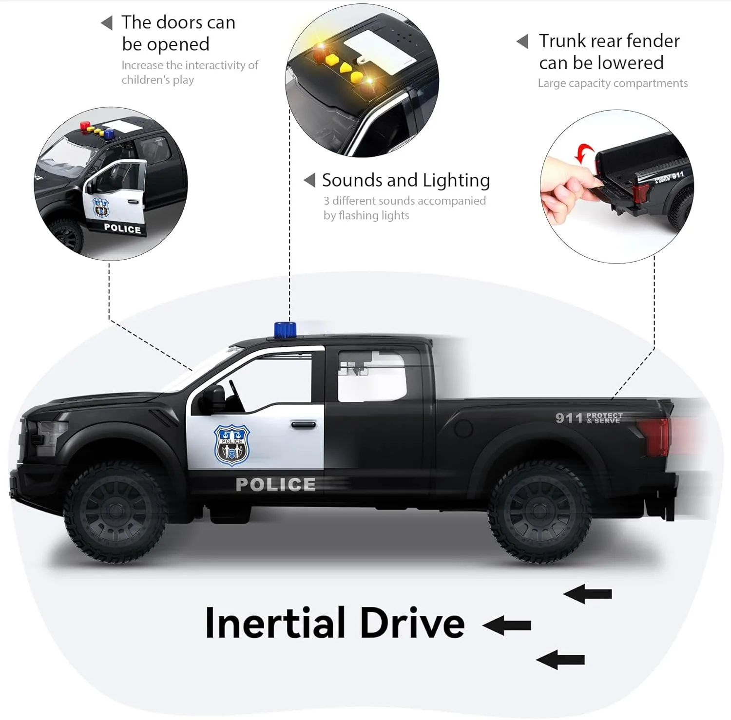 16" Big Police Pickup Truck Toy – Friction Powered Police Car Toy with Lights and Sounds for Boys Ages 3 4 5 6 7