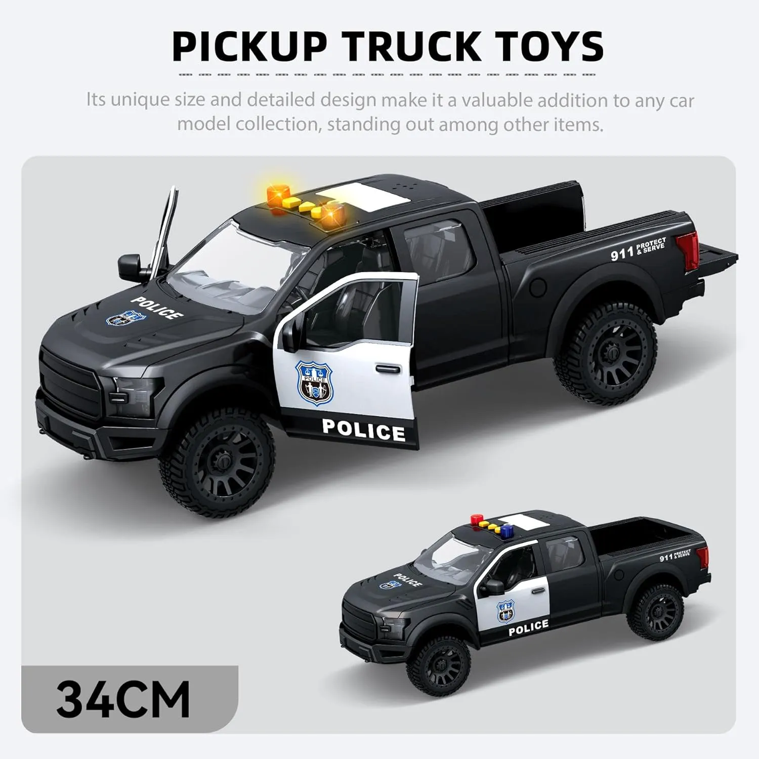 16" Big Police Pickup Truck Toy – Friction Powered Police Car Toy with Lights and Sounds for Boys Ages 3 4 5 6 7