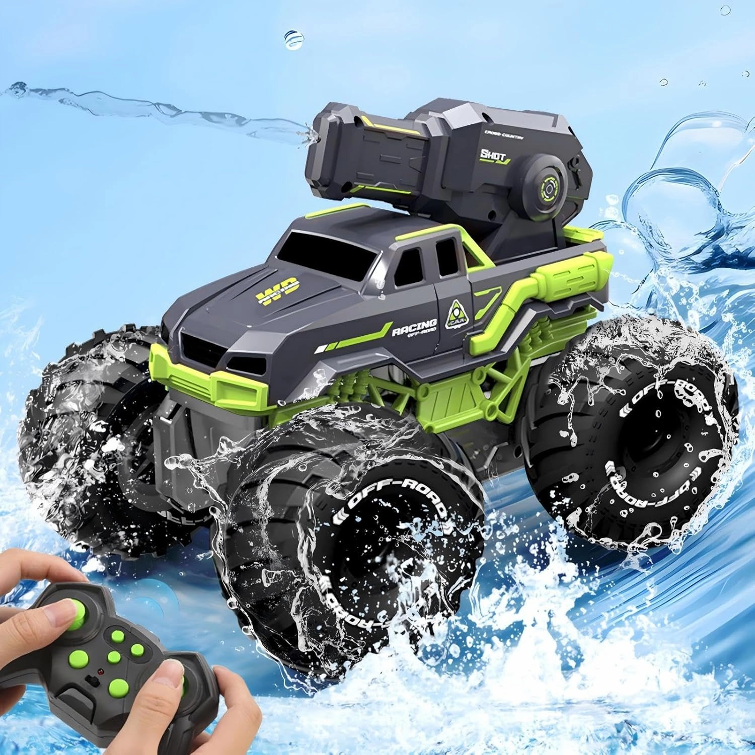 1:16 Remote Control Monster Truck All Terrain 4WD Amphibious RC Car & Boat with Water Spray Gun Waterproof Durable Toy Gift for Kids Ages 6-10 