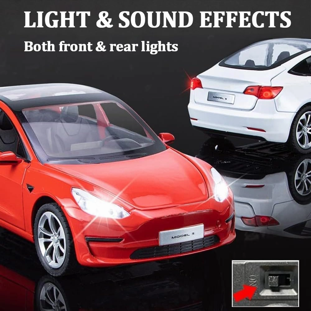 1/24 Scale Diecast Car Model 3, Alloy Diecast Toy Cars Pull Back Toys with Sound & Light, Vehicles Toys for Kids Gift Car Lovers Collection (1/24 Model 3 -Red)