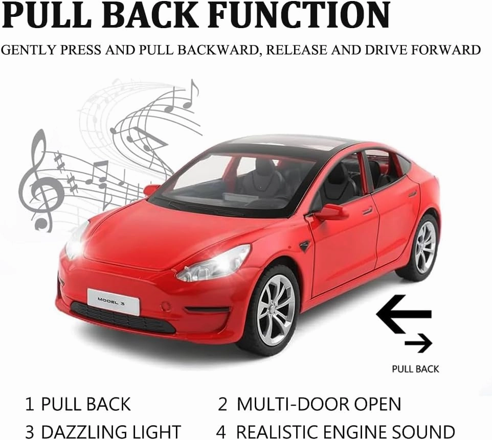 1/24 Scale Diecast Car Model 3, Alloy Diecast Toy Cars Pull Back Toys with Sound & Light, Vehicles Toys for Kids Gift Car Lovers Collection (1/24 Model 3 -Red)