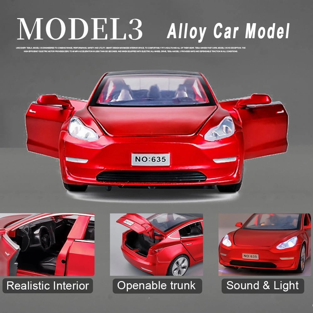 1/24 Scale Diecast Car Model 3, Alloy Diecast Toy Cars Pull Back Toys with Sound & Light, Vehicles Toys for Kids Gift Car Lovers Collection (1/24 Model 3 -Red)